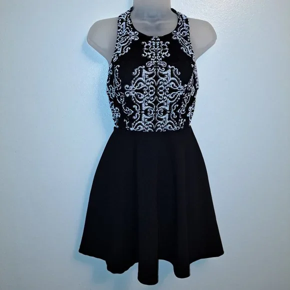Speechless | Dresses | Speechless Blackwhite Gray Beaded Strappy Back Fit  And Flare Dress Size 3 | Poshmark